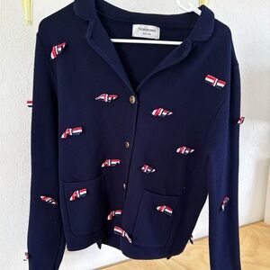 Thom Browne Navy Cardigan with Red, White & Blue Ribbon Tabs